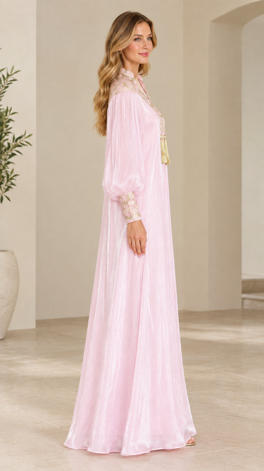 Side profile view of Blush Pink long sleeve shimmer kaftan dress