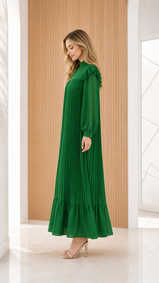 Emerald green long sleeve pleated evening gown - side view