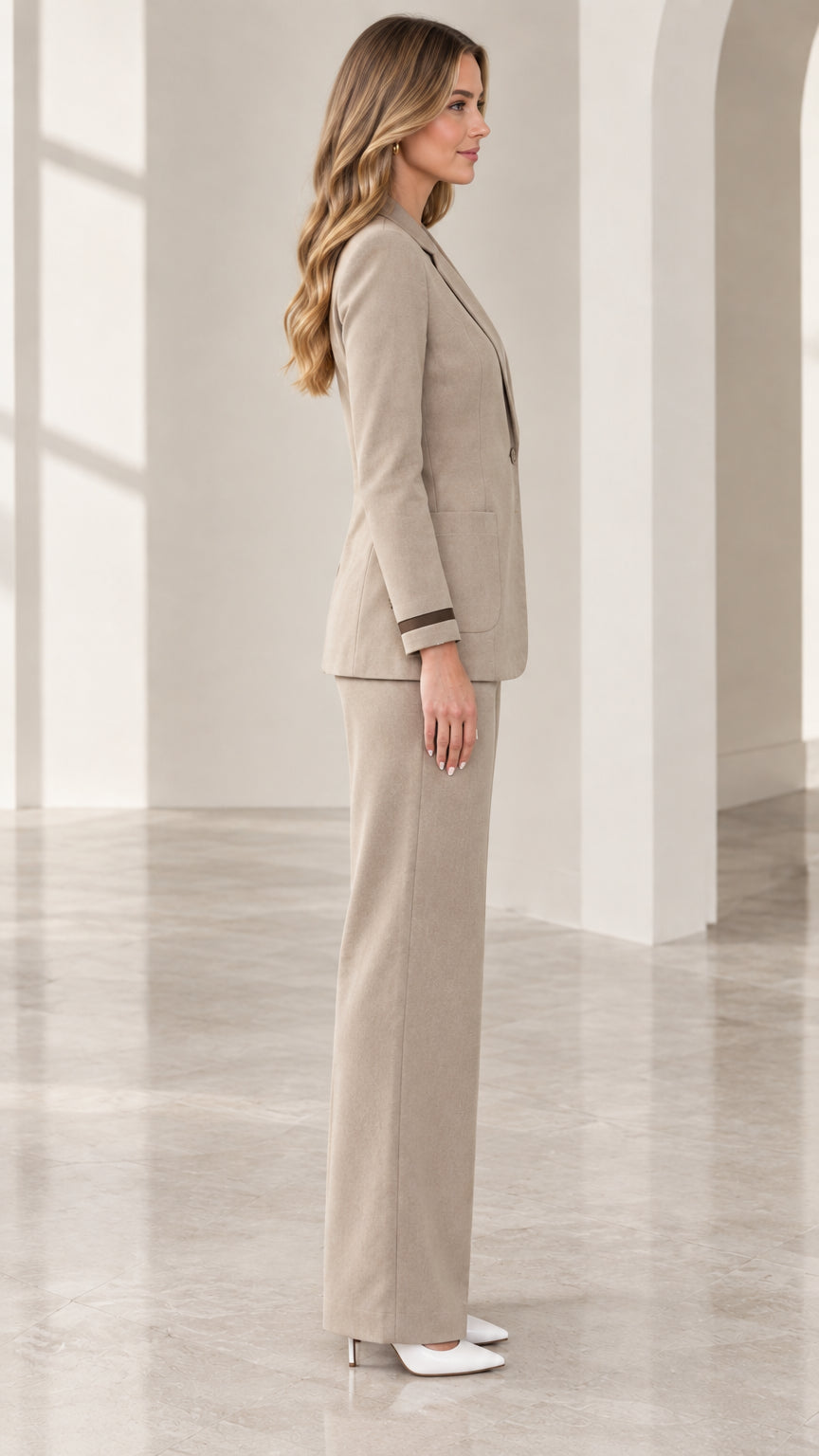 Side profile view of taupe two-piece suit set showing streamlined fit