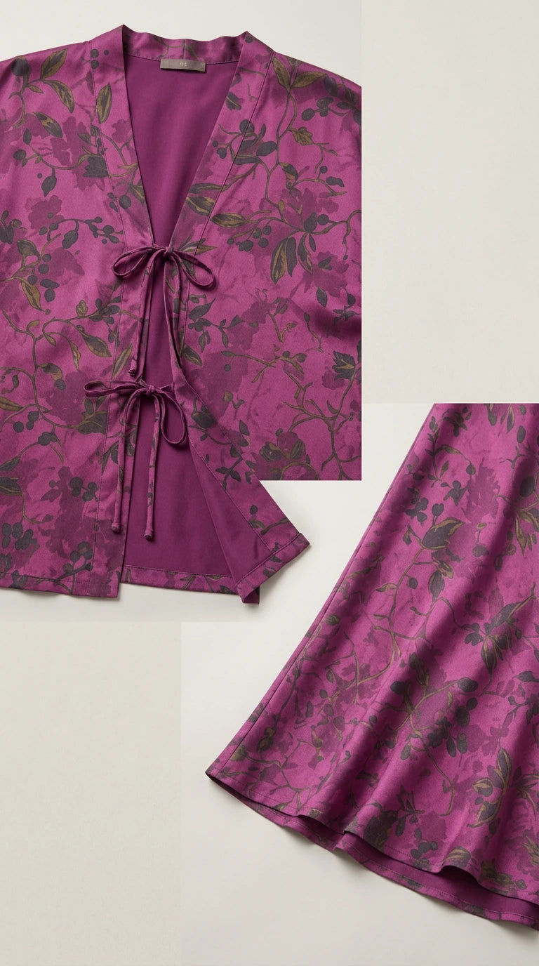 Close-up detail of the tie-front closure and hem of the magenta floral fabric