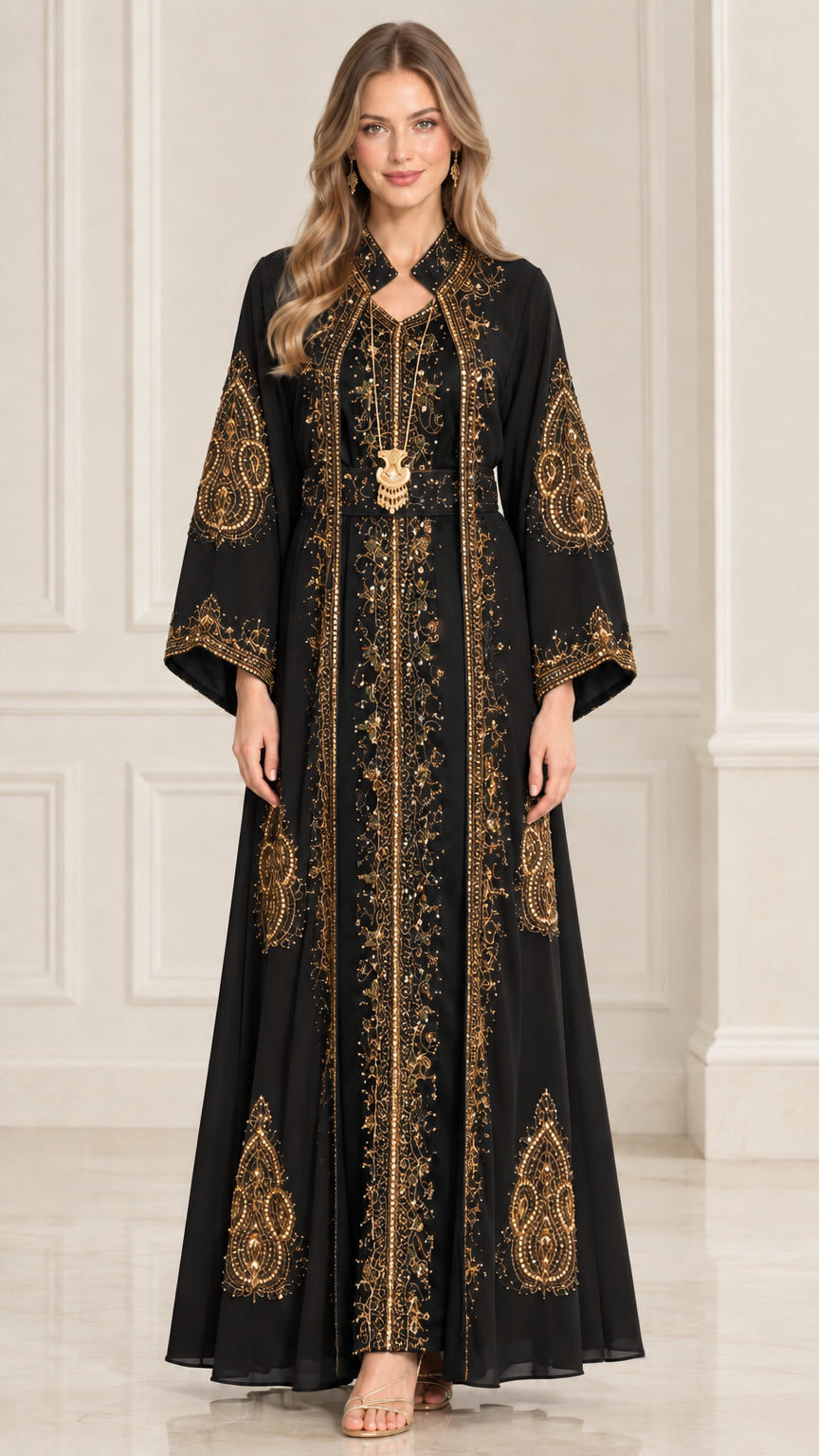 Black embroidered Moroccan kaftan maxi dress with gold detailing