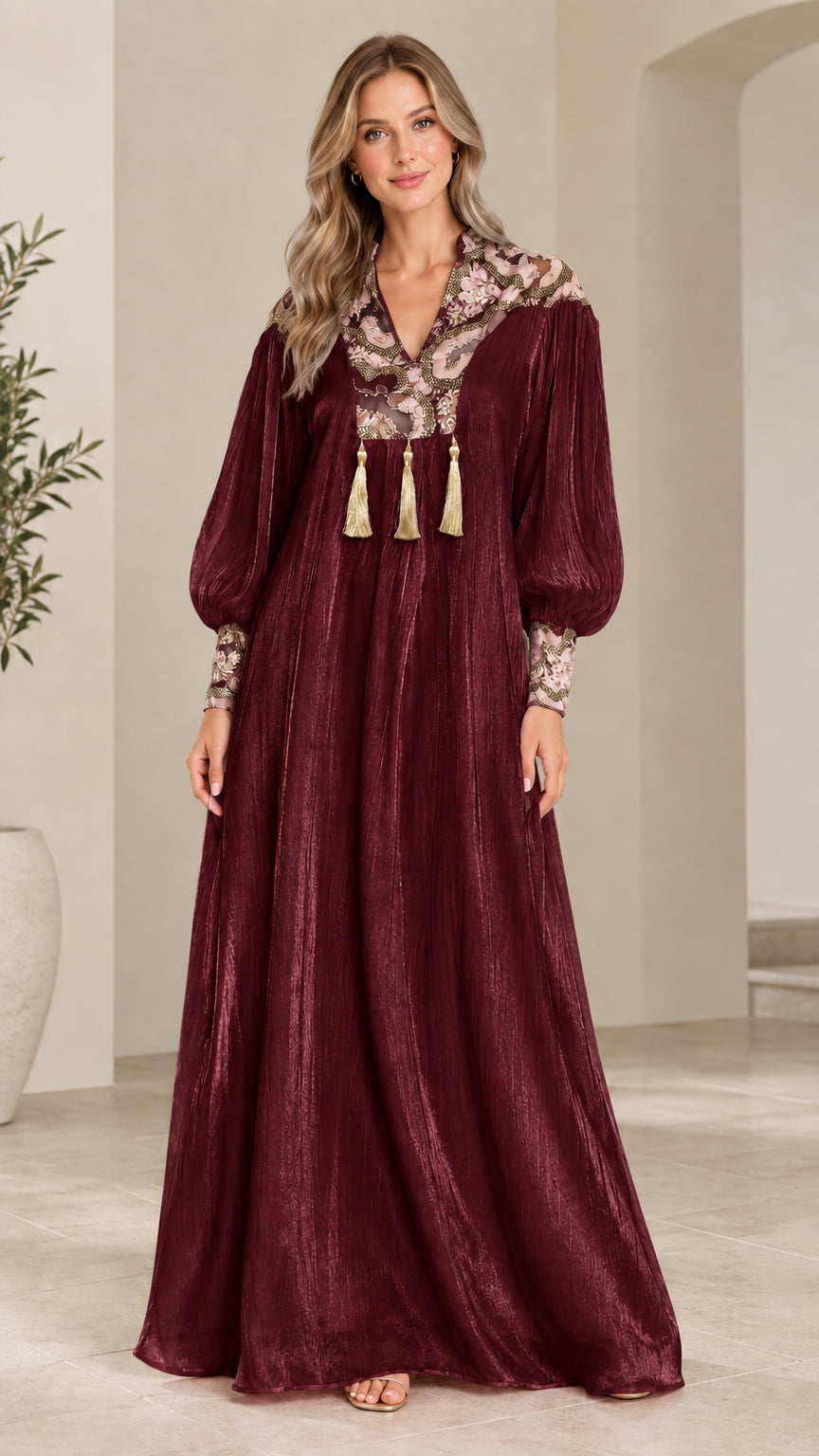 Full-length front view of model wearing Burgundy embroidered shimmer maxi dress
