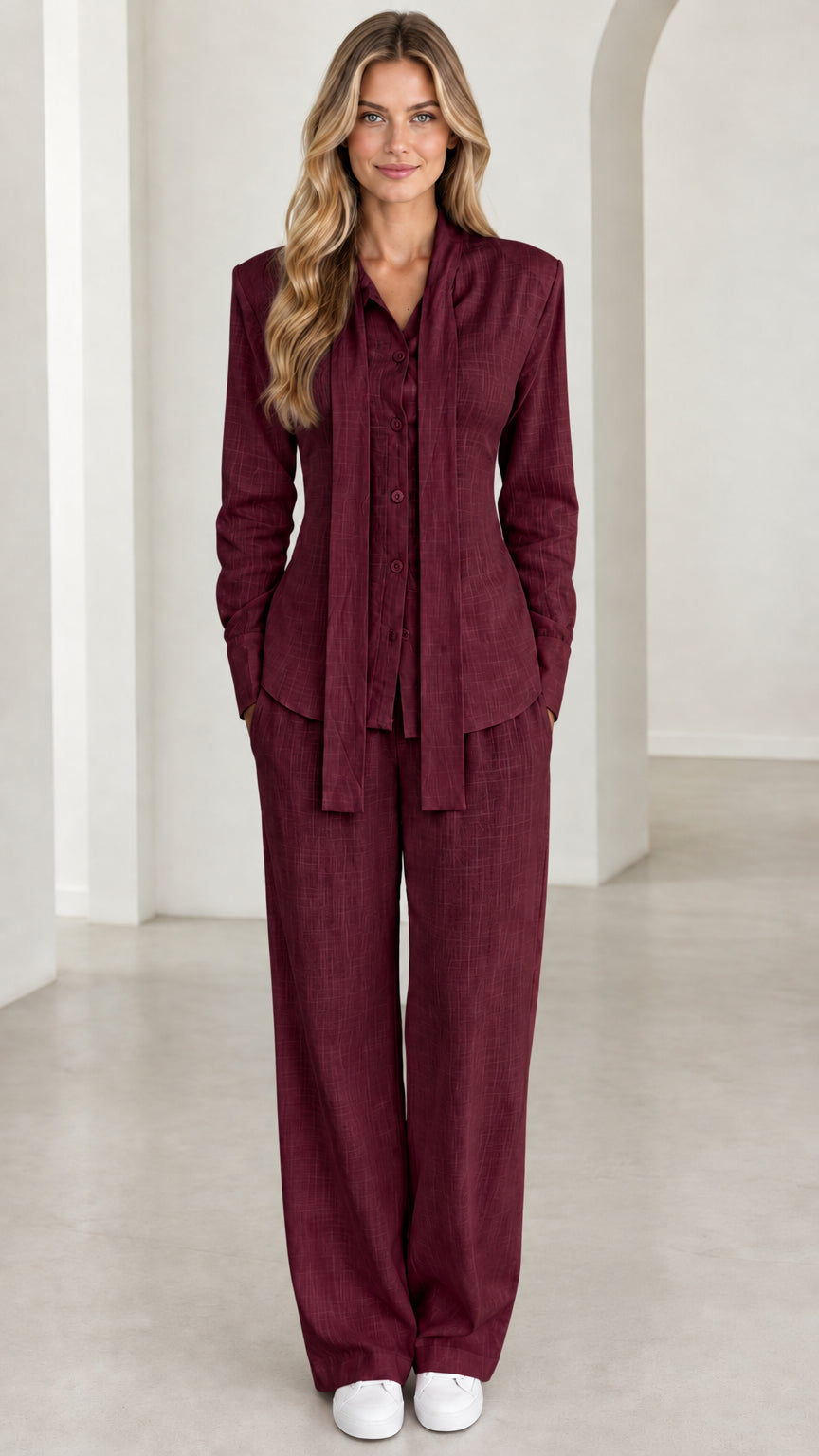 Front view of woman wearing burgundy tie-neck two-piece pant set