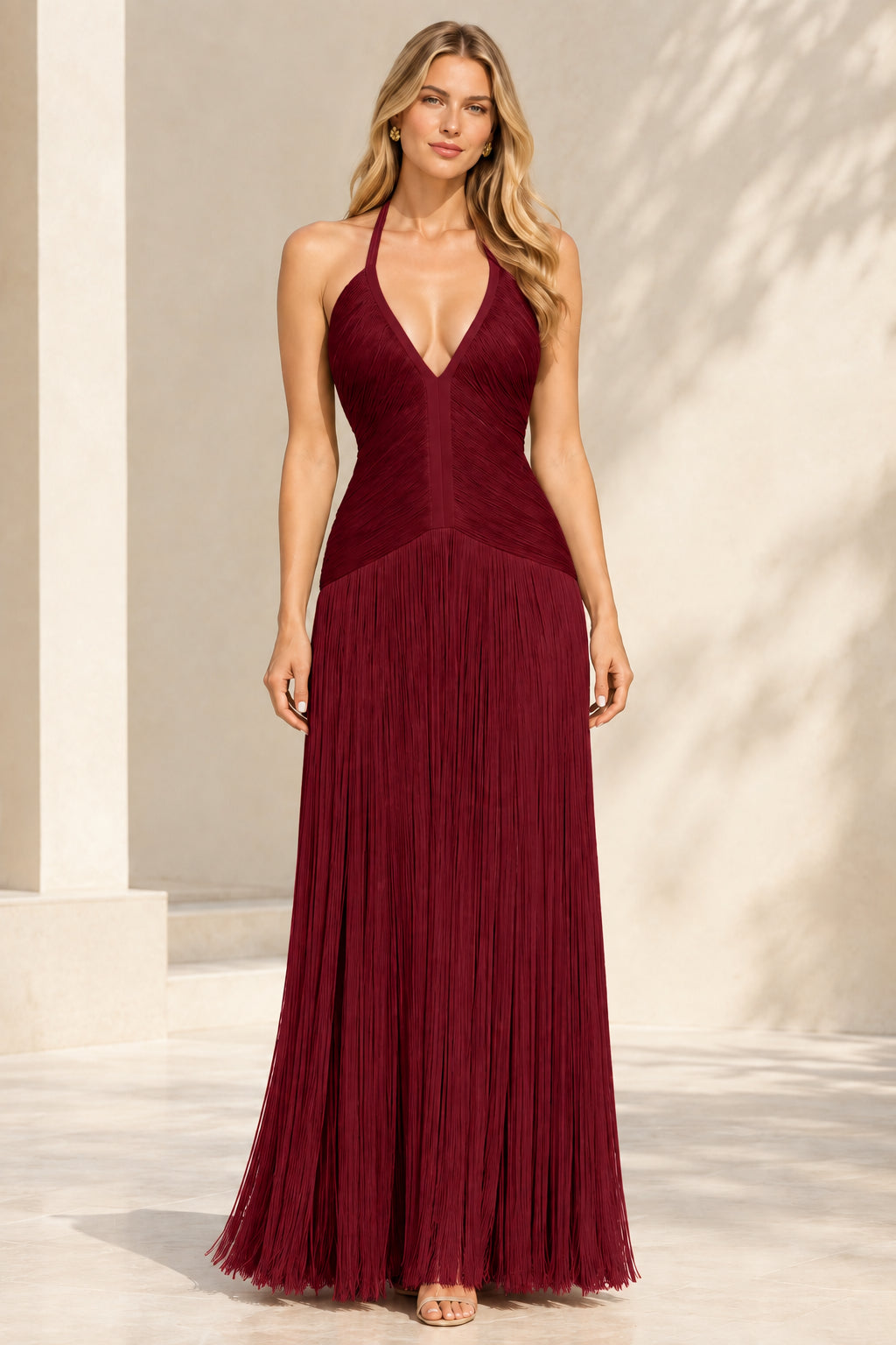 Burgundy wine red halter plunge fringe maxi evening dress front view