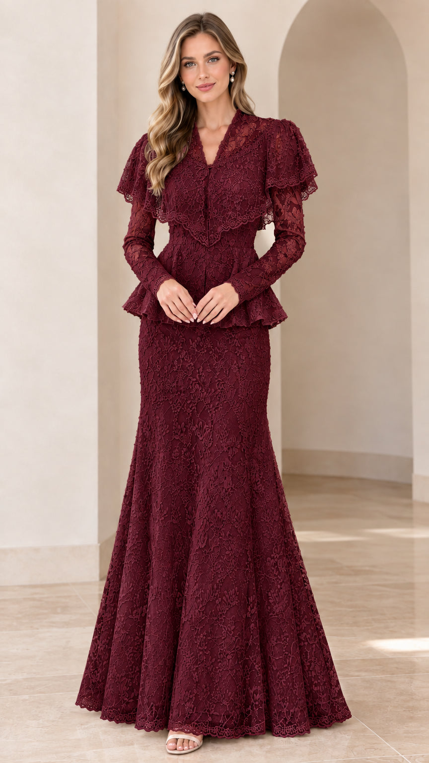 Full-length front view of the long sleeve lace maxi gown in burgundy