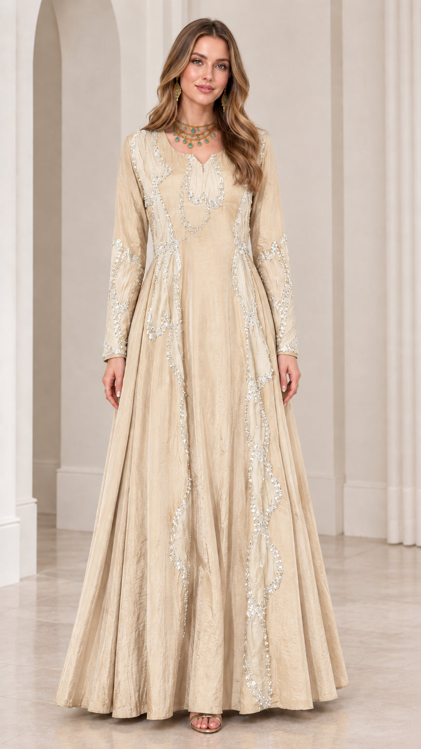 Champagne beige monochrome long sleeve formal maxi gown