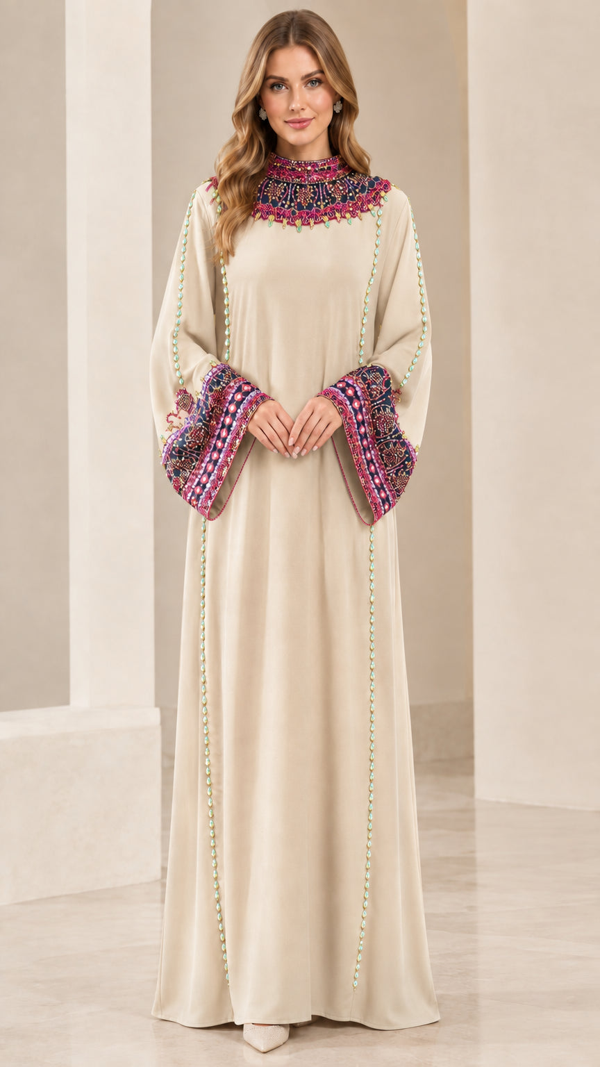 Front view of model wearing Champagne embellished kaftan maxi dress