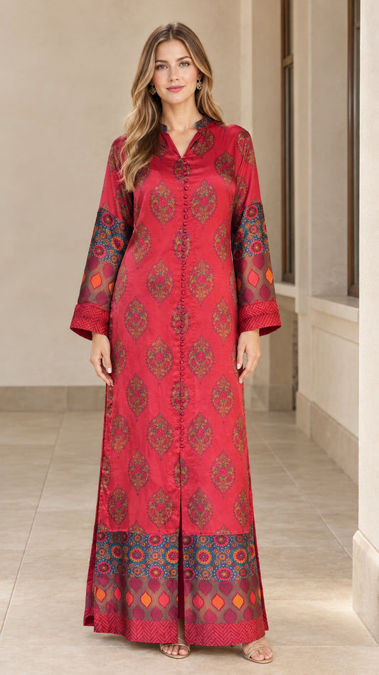 Full front view of model wearing Crimson Red bohemian print satin maxi dress