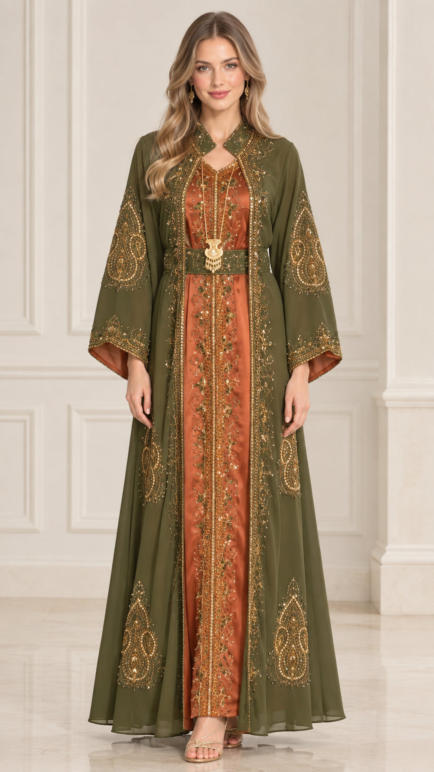 Olive green embroidered Moroccan kaftan maxi dress with gold belt front view