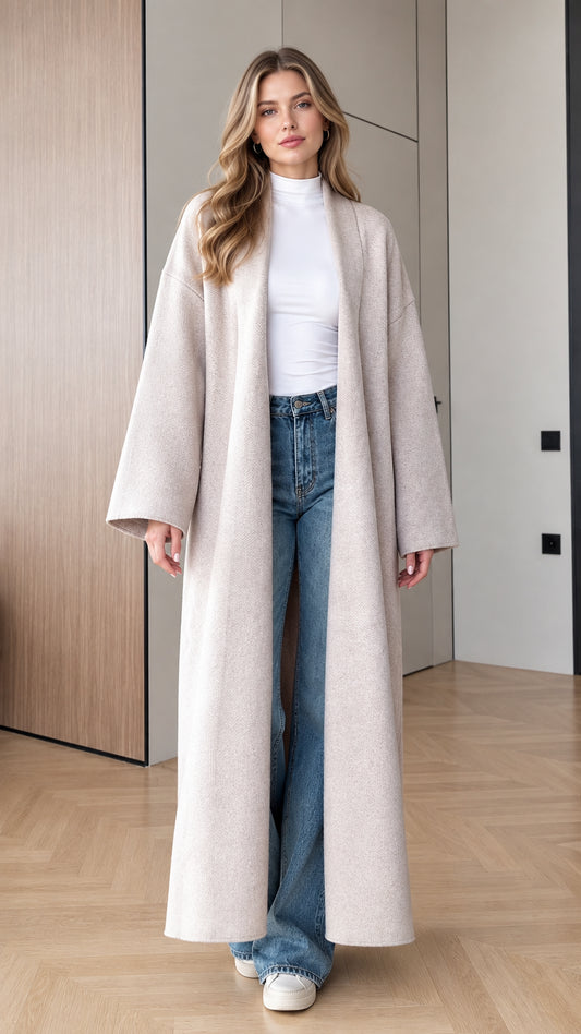 Front view of model wearing Oatmeal longline open-front maxi duster coat with jeans