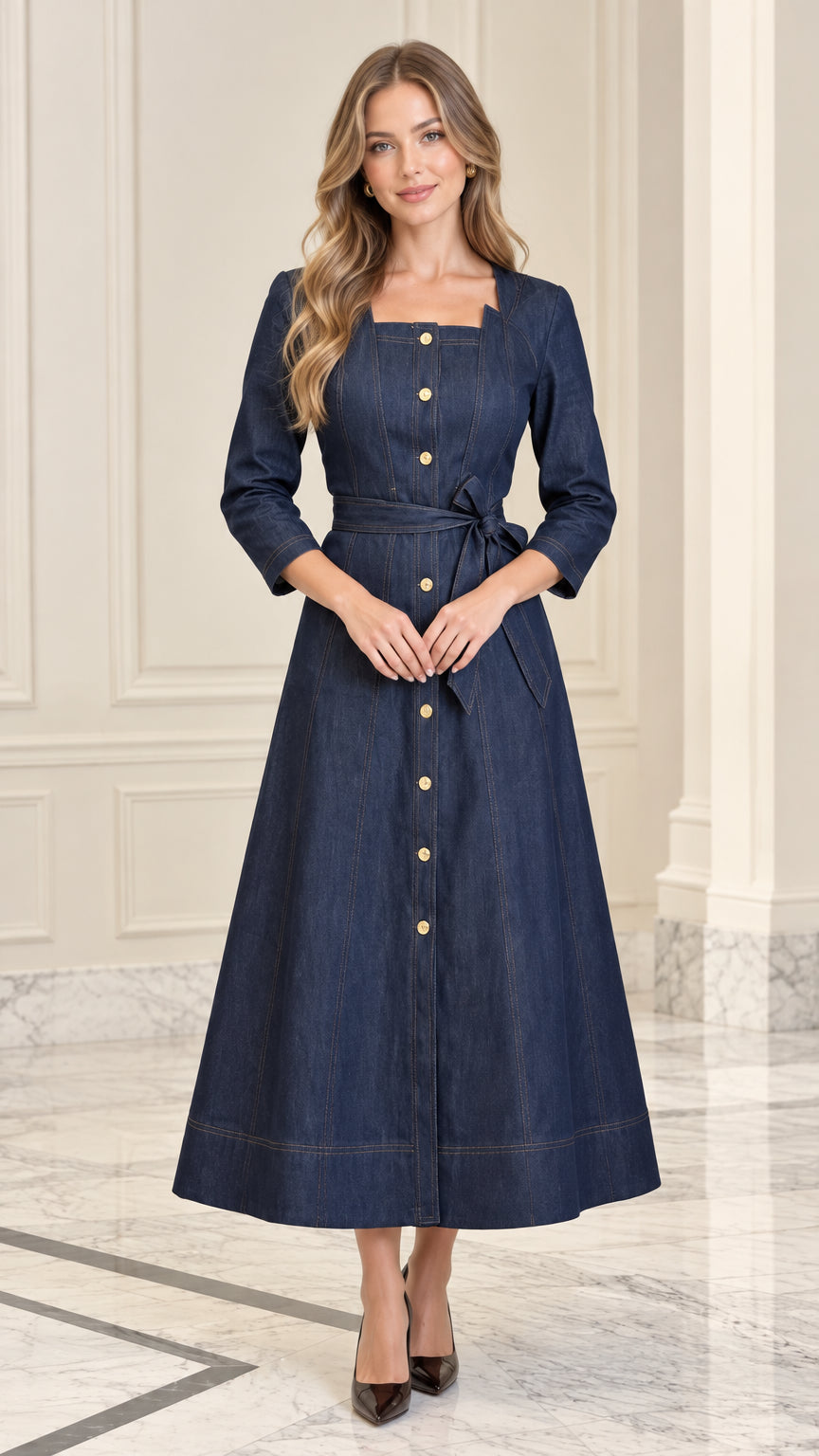 Full front view of model wearing Indigo Blue square neck denim midi dress with waist belt