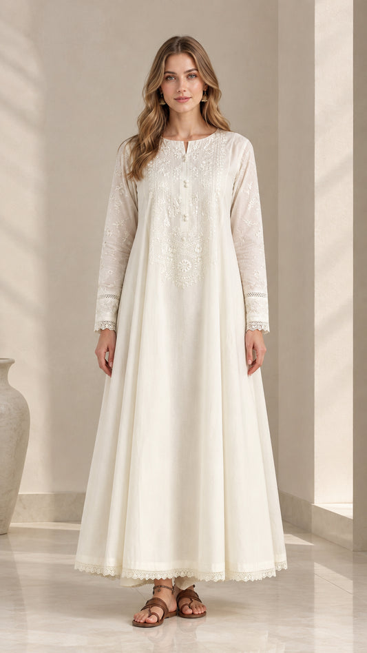 Off-white embroidered long sleeve maxi dress full front view