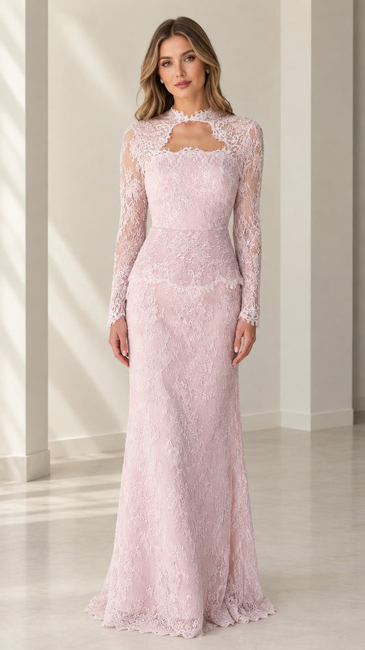 Front full view of woman wearing blush pink long sleeve lace evening gown with cutout neckline