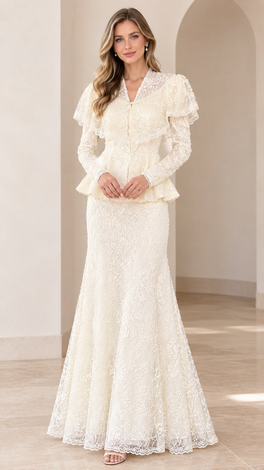 Full-length front view of woman wearing ivory long sleeve lace maxi dress with peplum waist