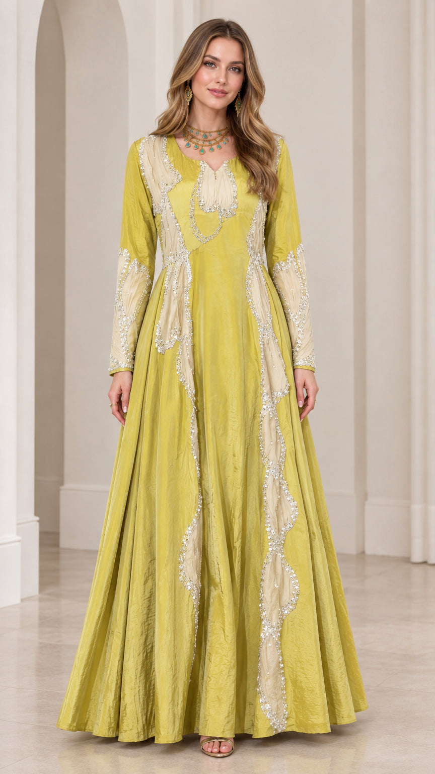 Front view of model wearing chartreuse green long sleeve embroidered maxi gown