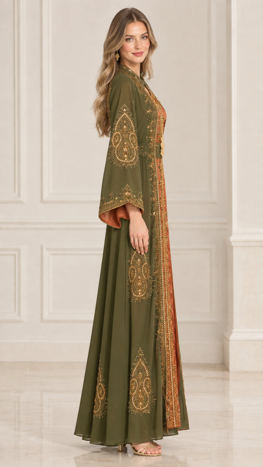 Olive green embroidered Moroccan kaftan dress side angle view