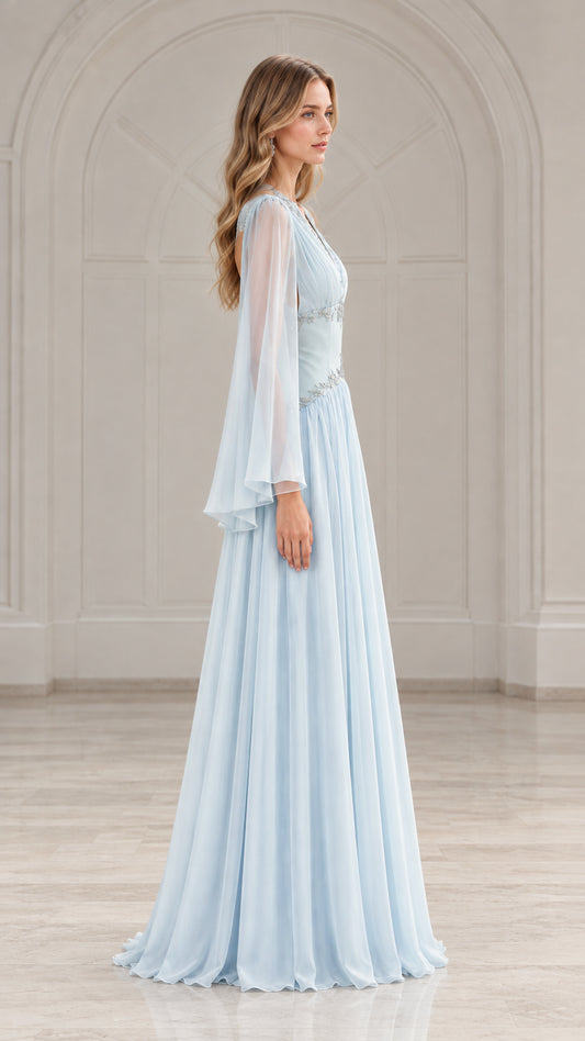 Side profile of model in a floor-length sky blue chiffon gown with flowing split sleeves