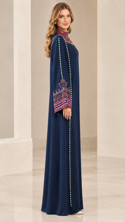 Side profile of model wearing Navy Blue beaded long sleeve maxi dress