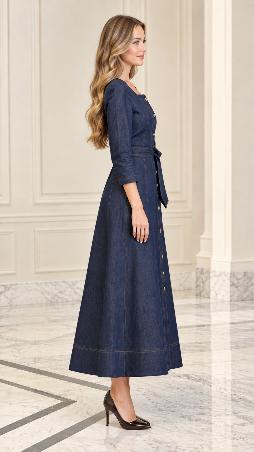 Side profile of Indigo Blue A-line denim midi dress showing 3/4 sleeves and flare