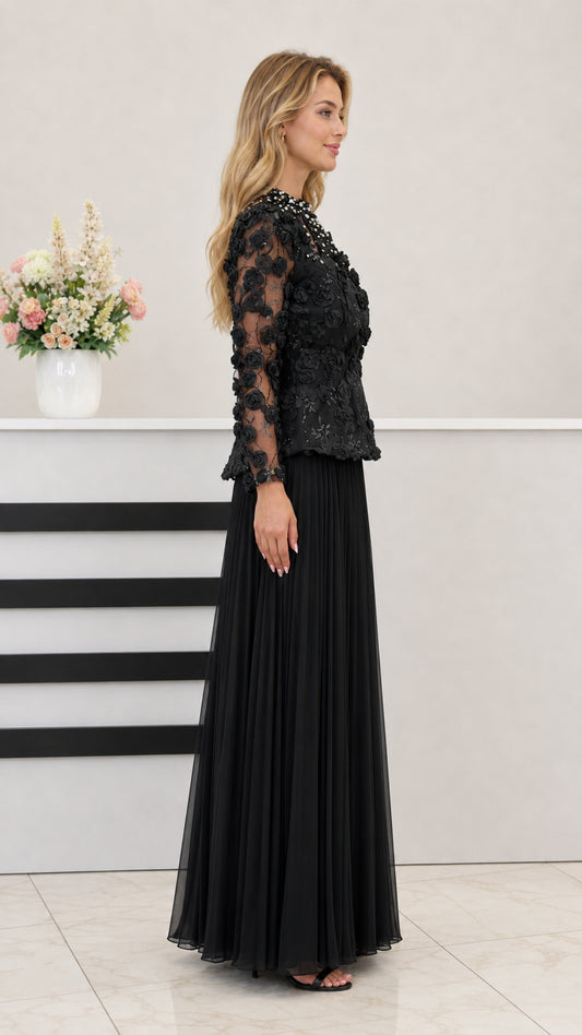 Side angle view of model wearing black lace peplum maxi dress