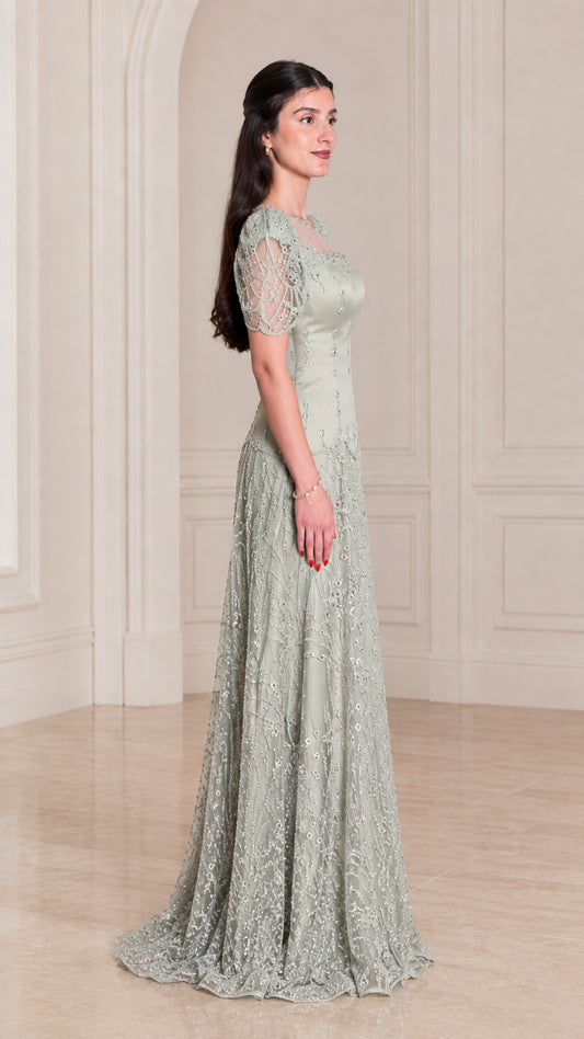 Side profile of Sage Green floor-length formal dress showing silhouette