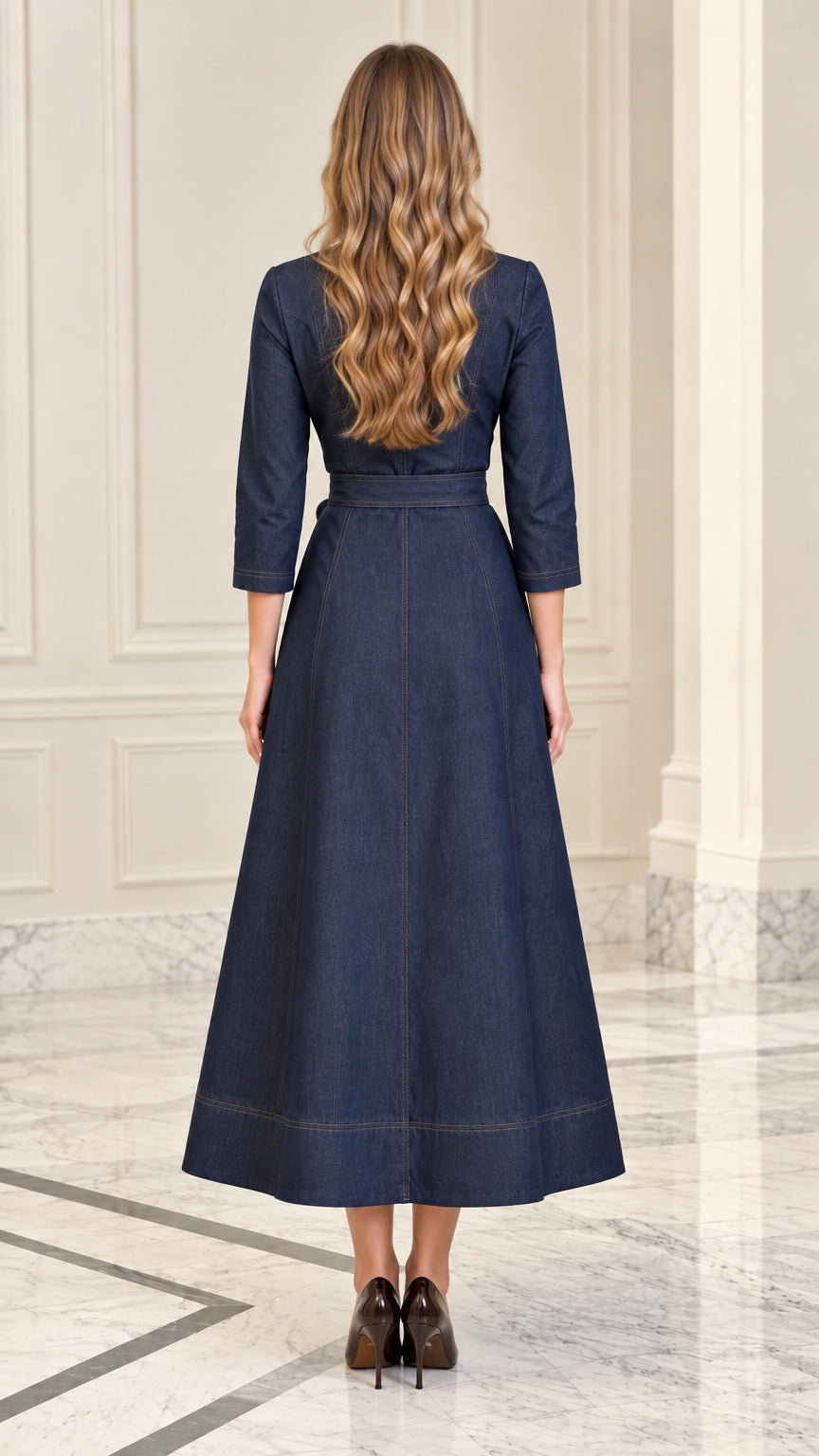 Back view of model in Indigo Blue square neck button-down midi dress