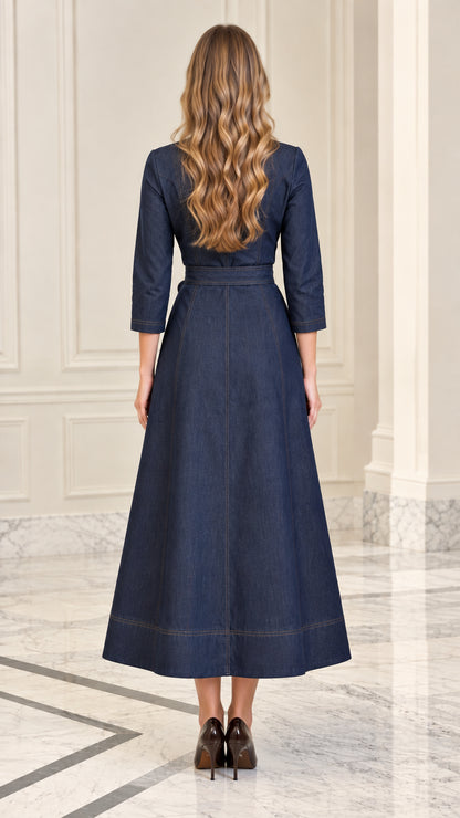 Back view of model in Indigo Blue square neck button-down midi dress