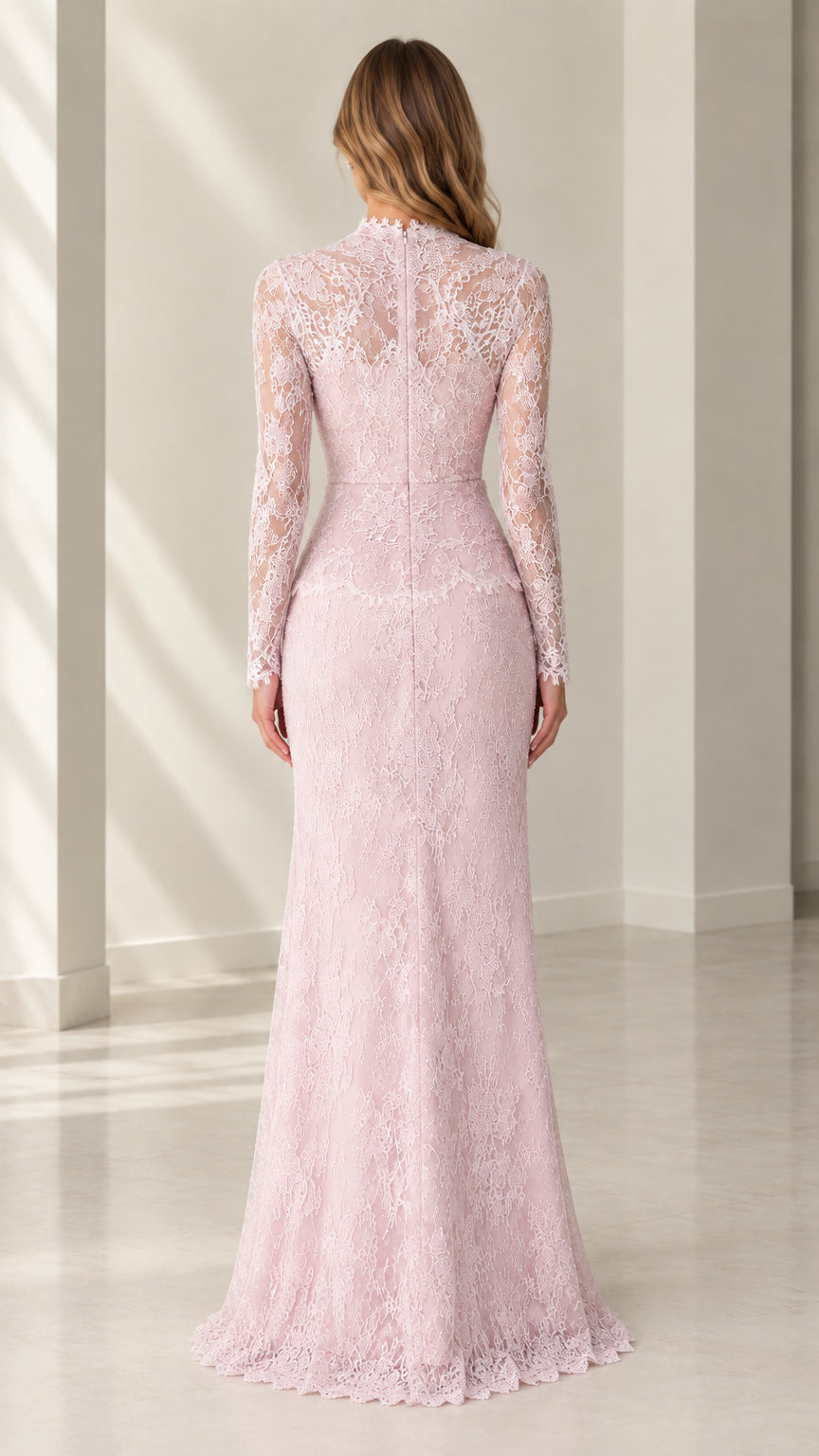 Back view of woman wearing blush pink lace evening dress with sheer back details