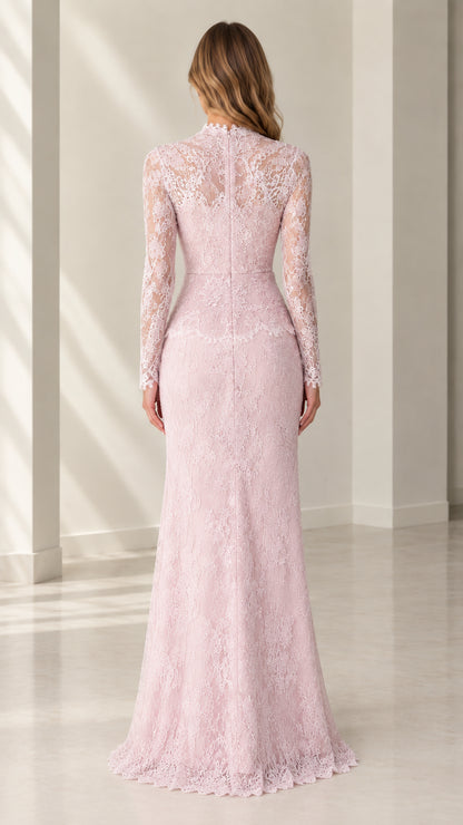 Back view of woman wearing blush pink lace evening dress with sheer back details