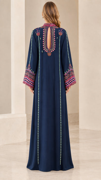 Back view of model showing keyhole back detail on Navy Blue kaftan dress