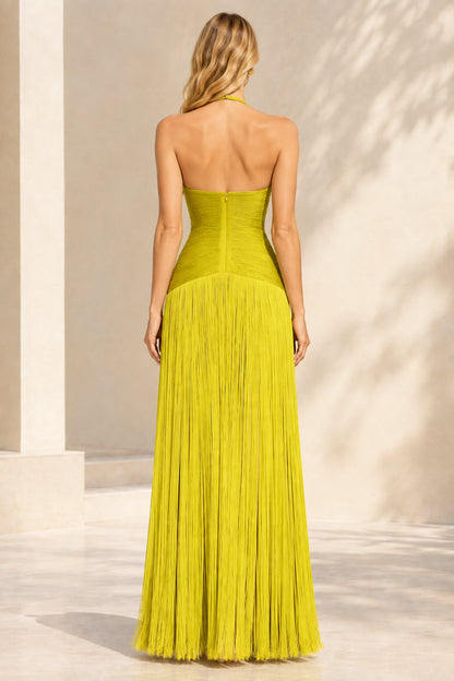 Lime green backless halter fringe evening dress back view