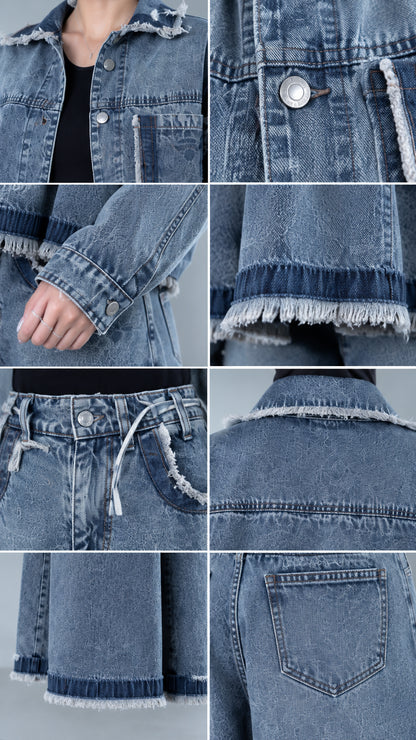 Close-up details of raw fringed collar, cuff buttons, frayed hemlines, and pockets on the denim set