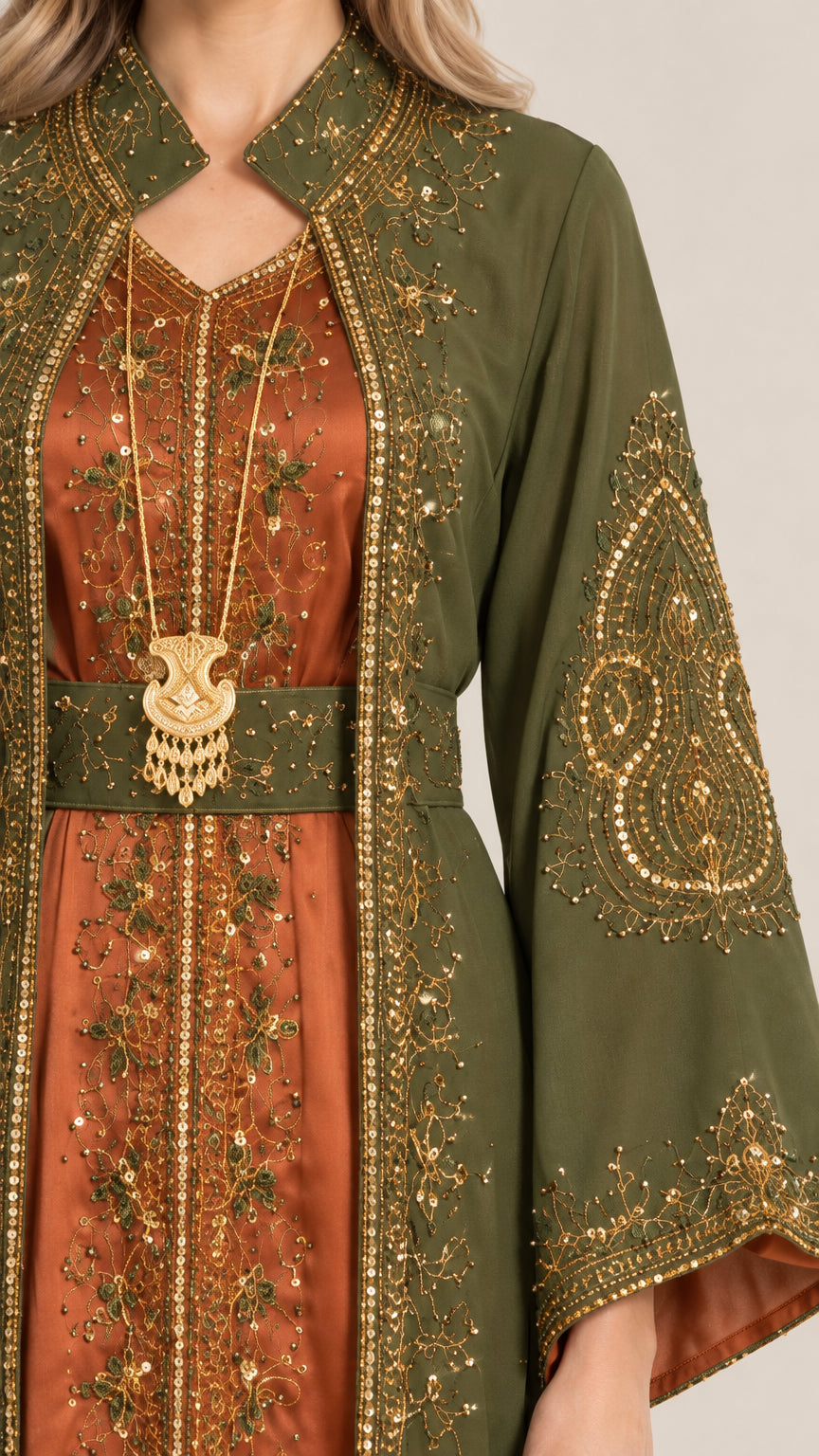 Close-up of gold metallic embroidery and ornate belt buckle on olive green kaftan