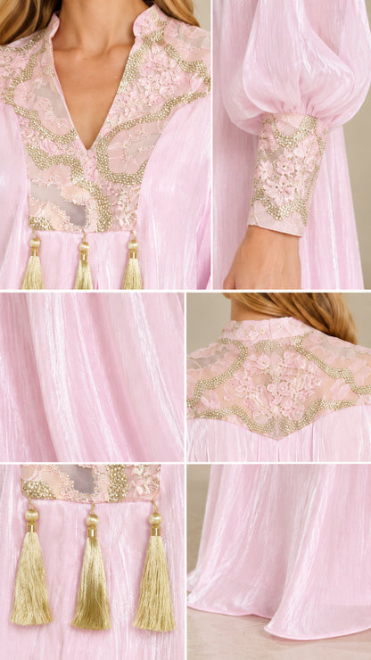 Detailed close-ups of neckline embroidery, tassel trims, and sleeve cuffs on Blush Pink dress
