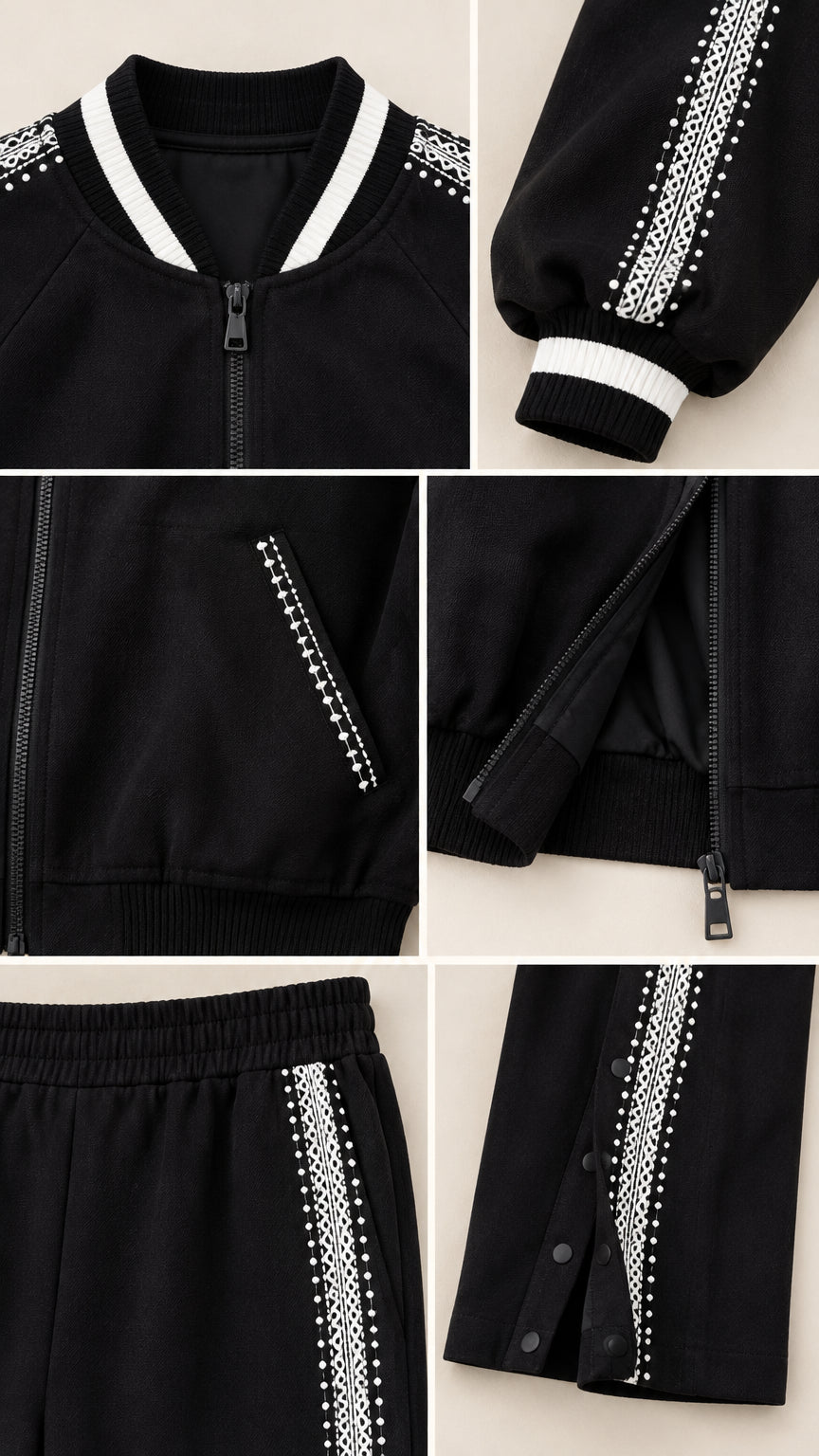 Close-up details of ribbed collar, embellished side tape, zipper, and hem snap buttons