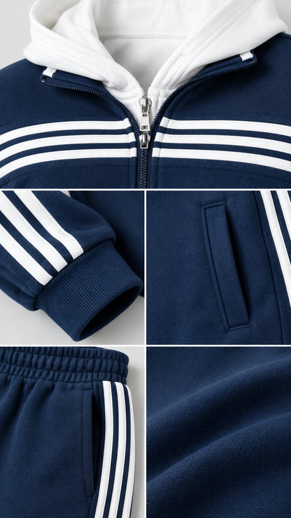 Close-up details of navy blue tracksuit showing zipper, striped cuffs, and pocket construction