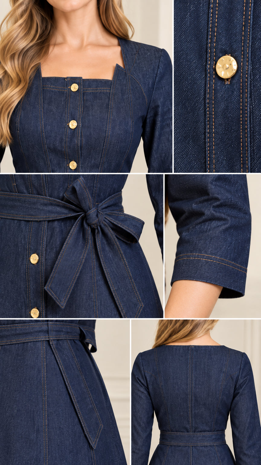Close-up details of square neckline, gold-tone buttons, waistband tie, and seam stitching