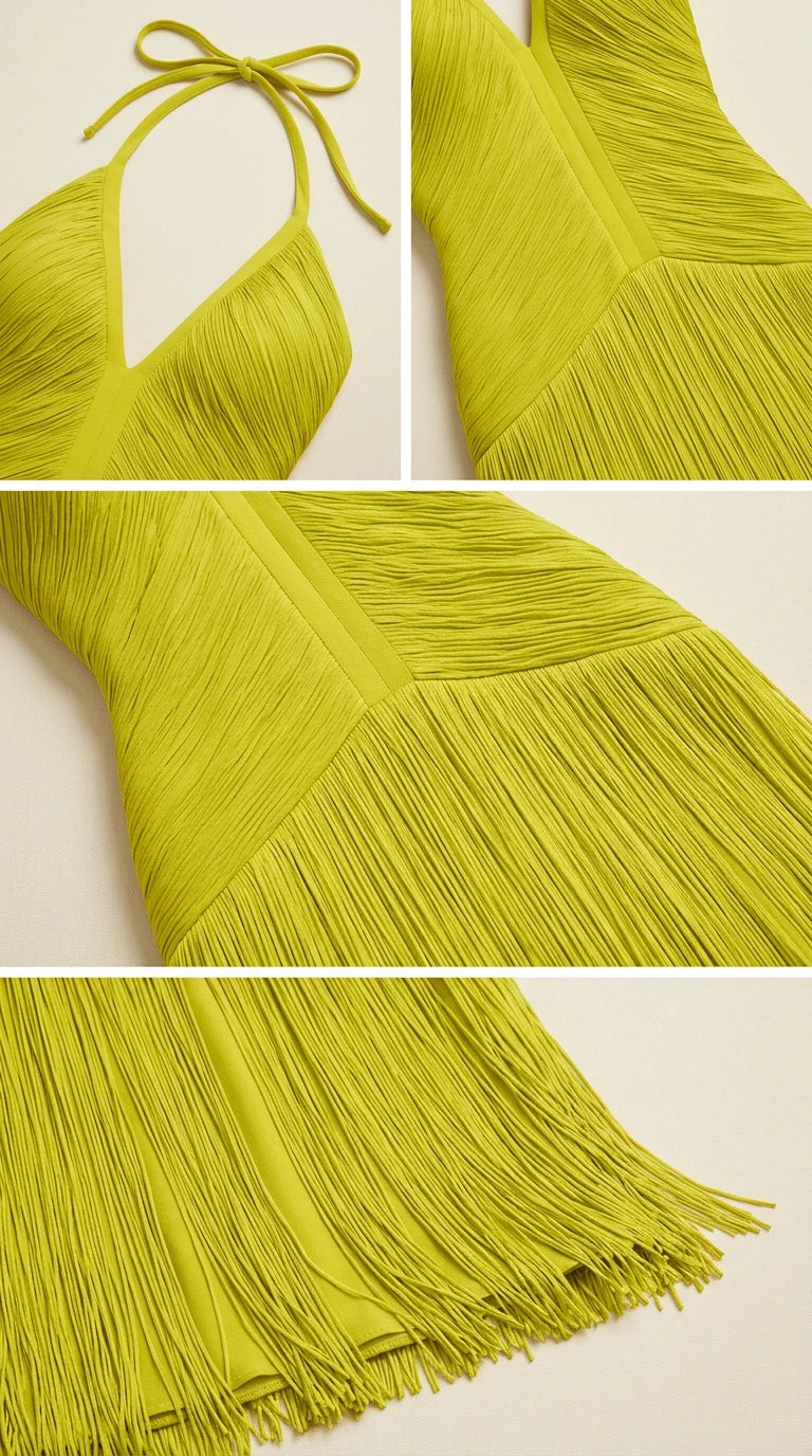 Close-up details of lime green plunge halter neckline and fringe skirt