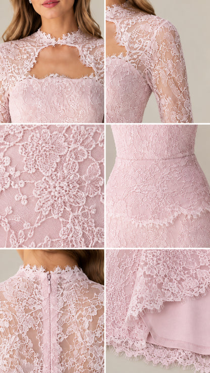 Close up collage of blush pink lace neckline, sleeve, fabric texture, and scalloped hem