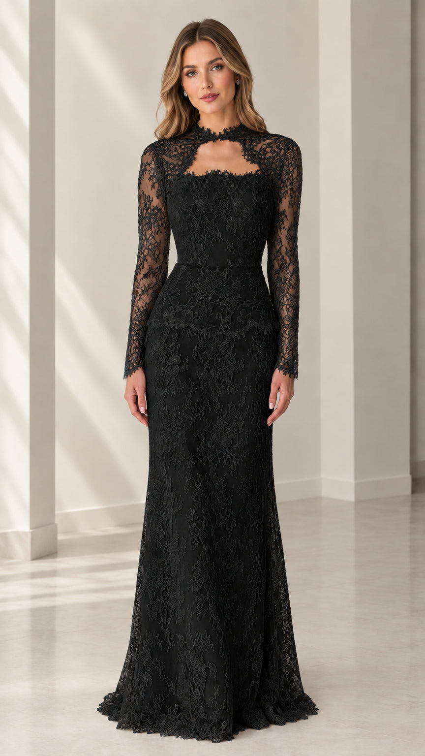 Front view of woman wearing black long sleeve lace evening gown