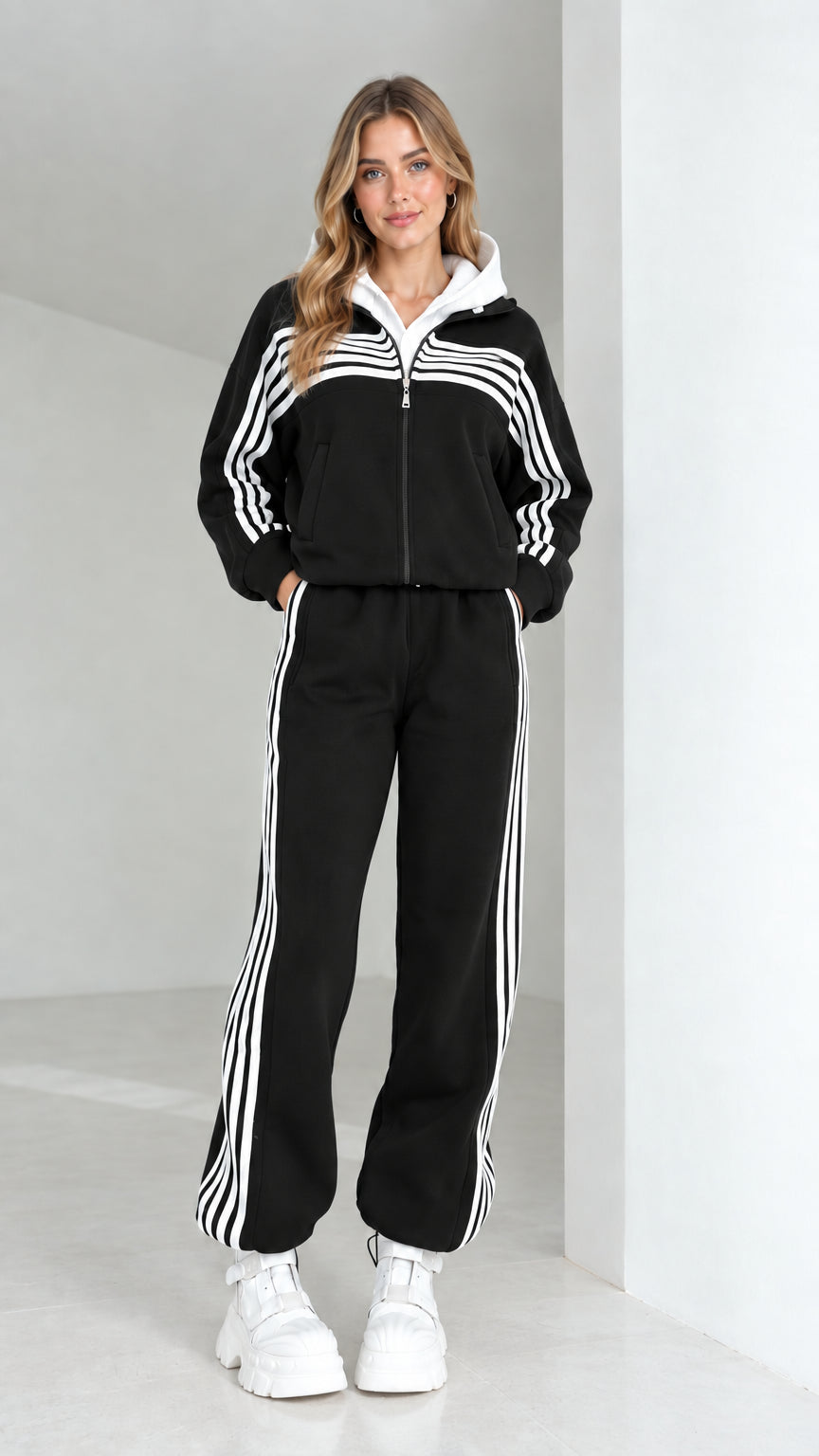 Woman wearing black striped 2-piece hooded tracksuit set