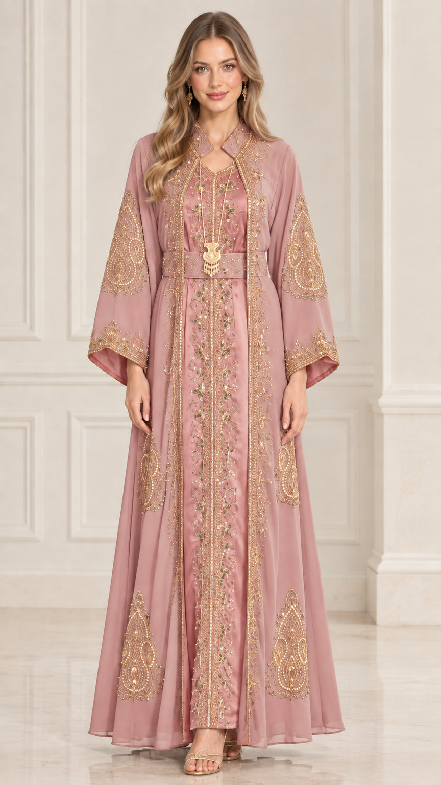 Dusty rose pink embroidered Moroccan kaftan maxi dress