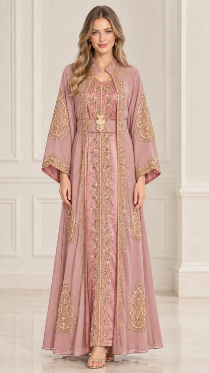 Dusty rose pink embroidered Moroccan kaftan maxi dress