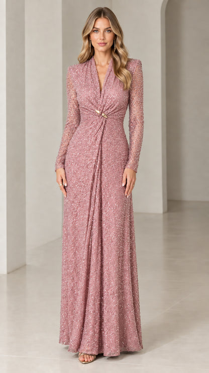 Front view of dusty rose long-sleeve sequin evening maxi dress