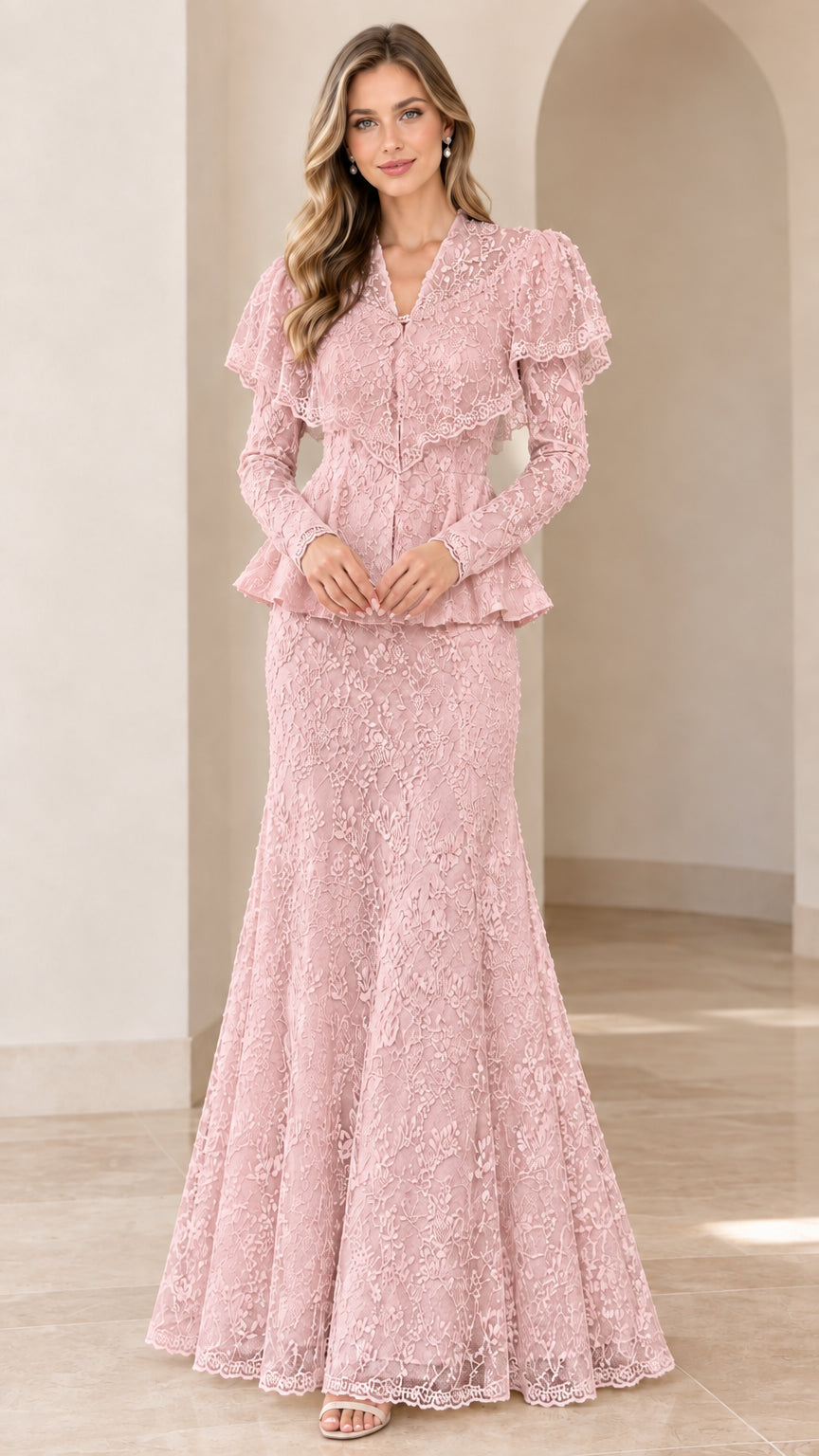 Full-length front view of the long sleeve lace maxi gown in dusty pink