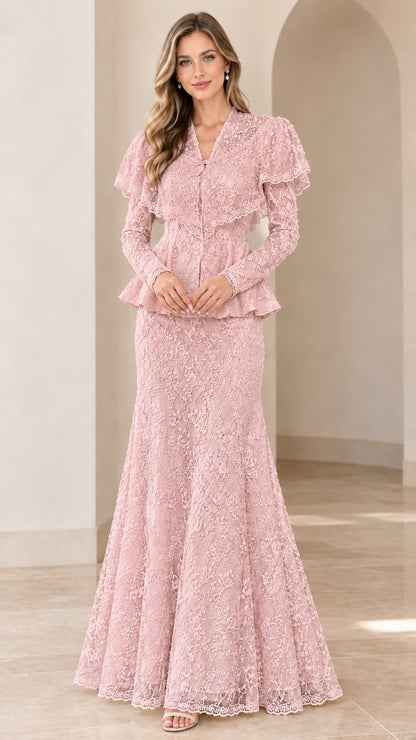Full-length front view of the long sleeve lace maxi gown in dusty pink