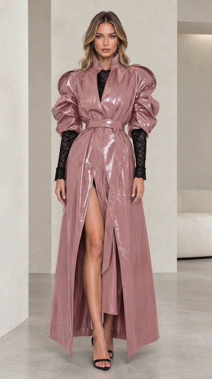 Dusty rose pink high shine patent maxi trench coat dress