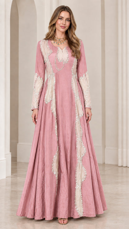 Dusty pink long sleeve evening maxi dress with light beige embroidery