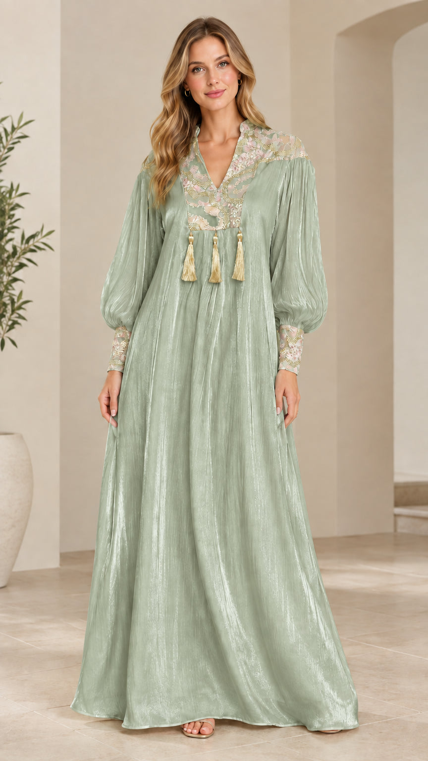 Full-length front view of model wearing Sage Green embroidered shimmer maxi dress