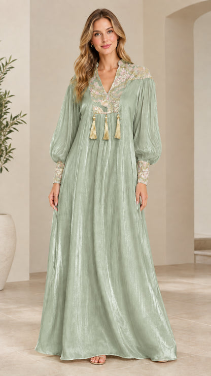 Full-length front view of model wearing Sage Green embroidered shimmer maxi dress